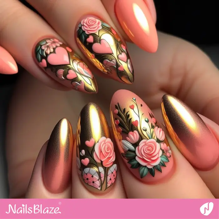Gold Chrome and Peach Fuzz Floral Nail Design | Valentine Nails - NB2357